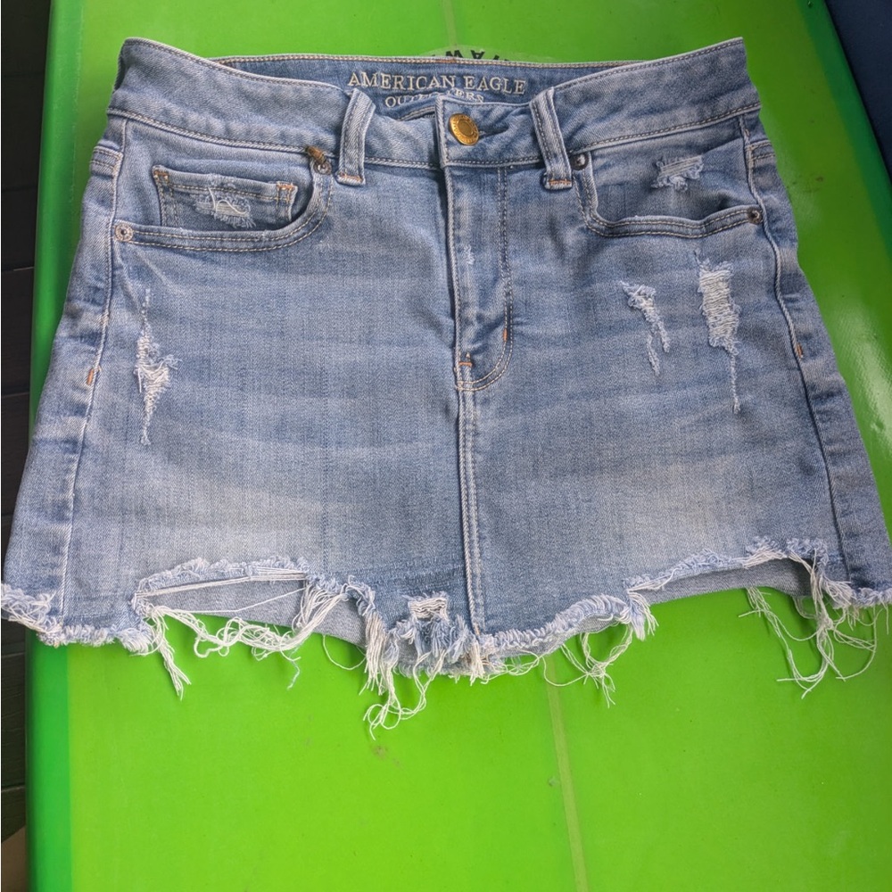 American Eagle Outfitters Light Blue Distressed Denim Mini Skirt